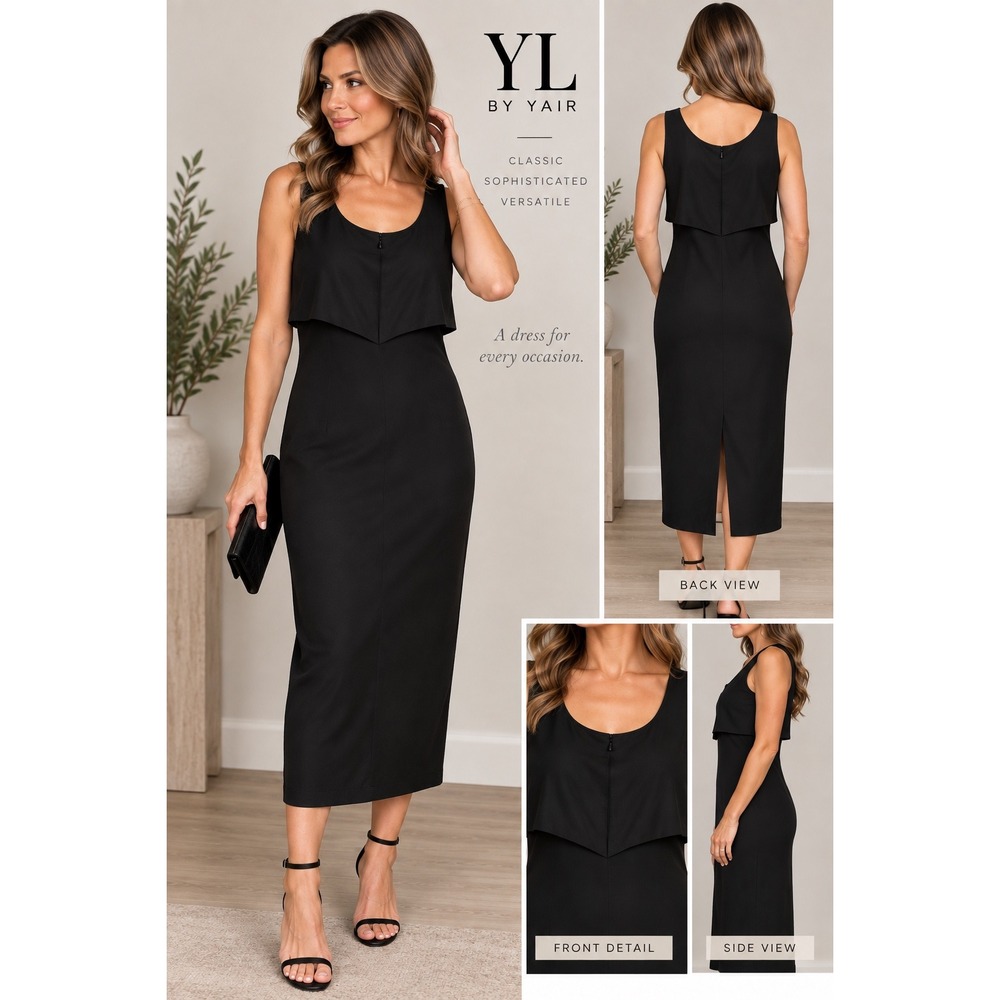 YL by Yair Black 100 Silk Layered Sheath Midi Dress Womens Size 6